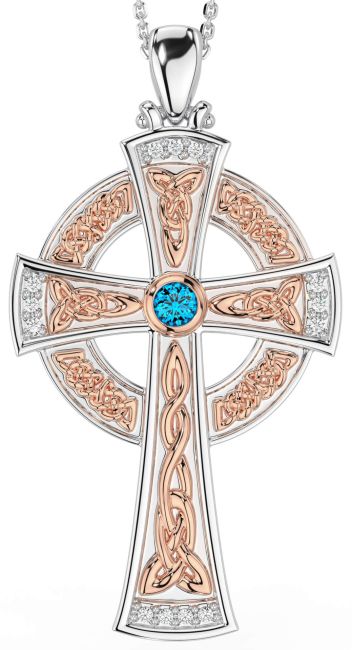 Large Diamond Topaz White Rose Gold Celtic Cross Necklace