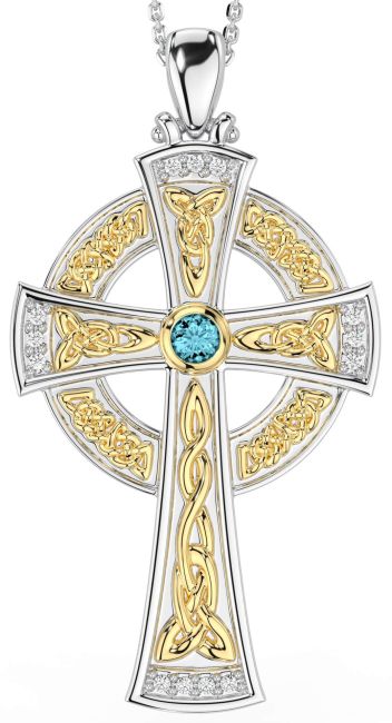 Large Diamond Aquamarine White Yellow Gold Celtic Cross Necklace