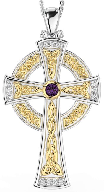 Large Diamond Alexandrite White Yellow Gold Celtic Cross Necklace