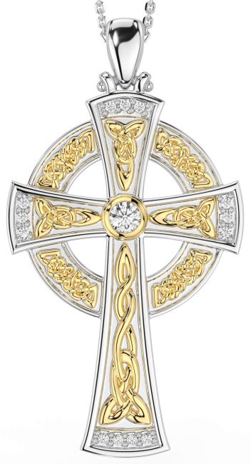 Large Diamond White Yellow Gold Celtic Cross Necklace