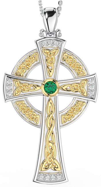 Large Diamond Emerald White Yellow Gold Celtic Cross Necklace