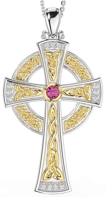 Large Diamond Pink Tourmaline White Yellow Gold Celtic Cross Necklace
