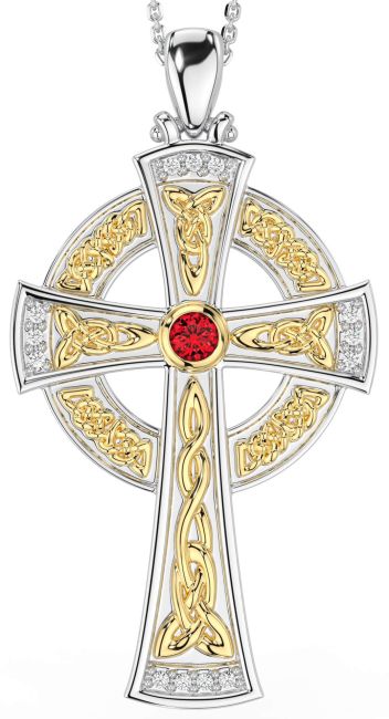 Large Diamond Ruby White Yellow Gold Celtic Cross Necklace