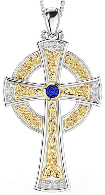 Large Diamond Sapphire White Yellow Gold Celtic Cross Necklace