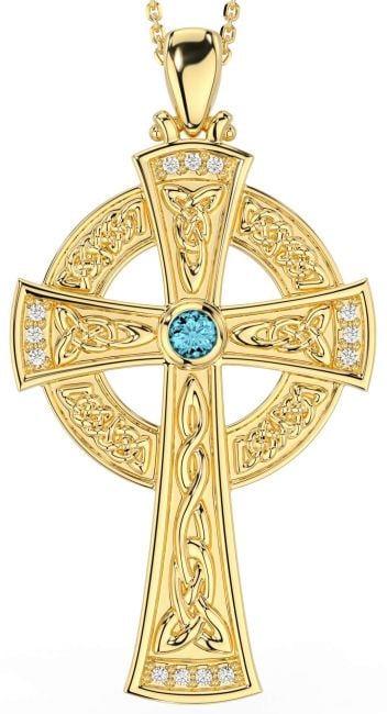 Large Diamond Aquamarine Gold Celtic Cross Necklace