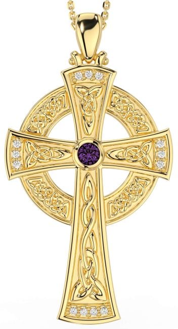 Large Diamond Alexandrite Gold Celtic Cross Necklace