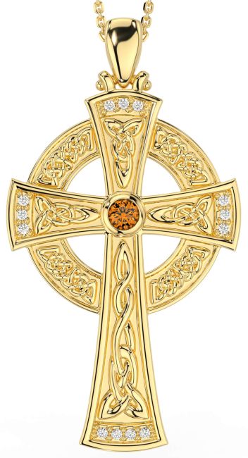 Large Diamond Citrine Gold Celtic Cross Necklace