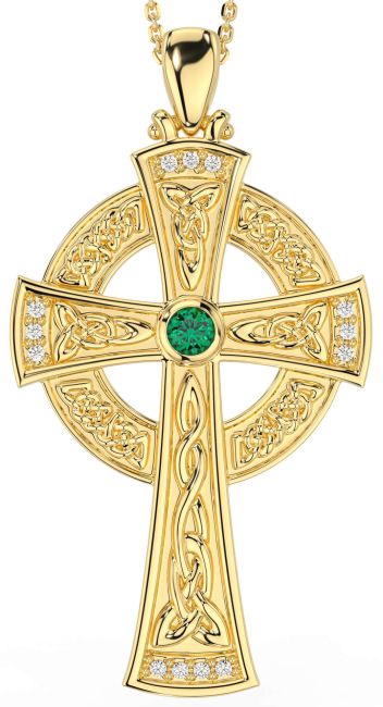 Large Diamond Emerald Gold Celtic Cross Necklace