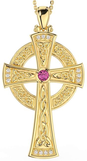 Large Diamond Pink Tourmaline Gold Celtic Cross Necklace