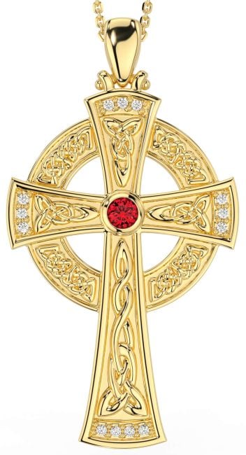 Large Diamond Ruby Gold Celtic Cross Necklace