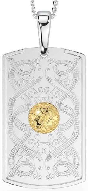 Men's White Yellow Gold Dog Tag Celtic Warrior Necklace