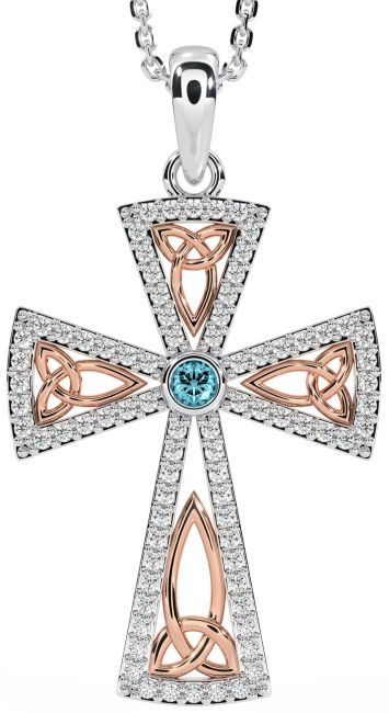Diamond Aquamarine Rose Gold Silver Celtic Cross Trinity Knot Necklace