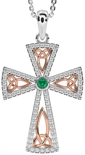 Diamond Emerald Rose Gold Silver Celtic Cross Trinity Knot Necklace