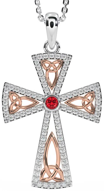 Diamond Ruby Rose Gold Silver Celtic Cross Trinity Knot Necklace