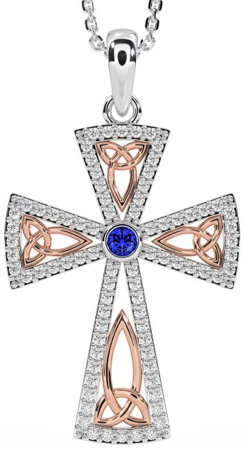 Diamond Sapphire Rose Gold Silver Celtic Cross Trinity Knot Necklace