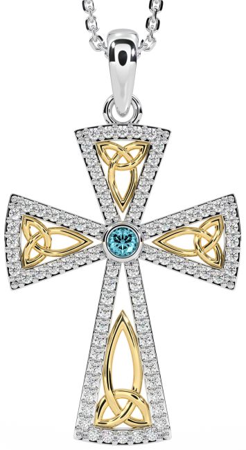 Diamond Aquamarine Gold Silver Celtic Cross Trinity Knot Necklace