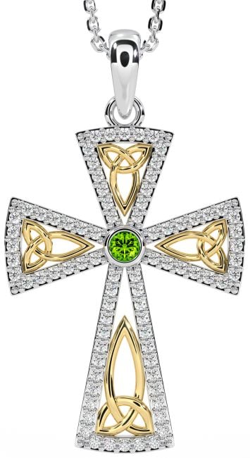 Diamond Peridot Gold Silver Celtic Cross Trinity Knot Necklace