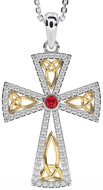 Diamond Ruby Gold Silver Celtic Cross Trinity Knot Necklace