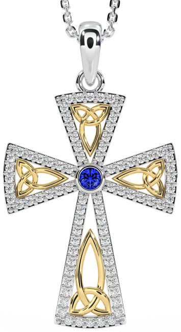 Diamond Sapphire Gold Silver Celtic Cross Trinity Knot Necklace