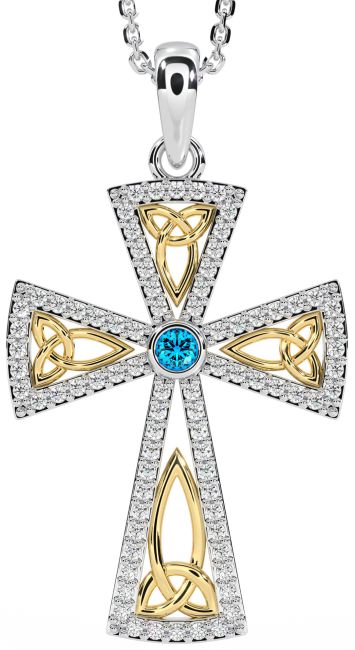 Diamond Topaz Gold Silver Celtic Cross Trinity Knot Necklace