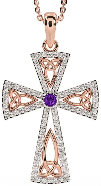 Diamond Amethyst Rose Gold Silver Celtic Cross Trinity Knot Necklace