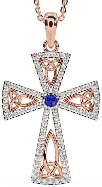 Diamond Sapphire Rose Gold Silver Celtic Cross Trinity Knot Necklace