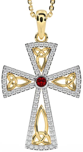 Diamond Garnet Gold Silver Celtic Cross Trinity Knot Necklace