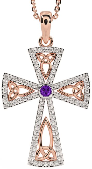 Diamond Amethyst Rose Gold Celtic Cross Trinity Knot Necklace