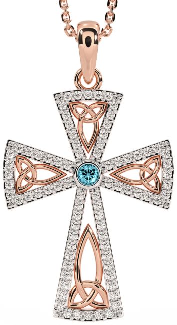 Diamond Aquamarine Rose Gold Celtic Cross Trinity Knot Necklace