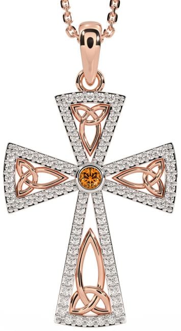 Diamond Citrine Rose Gold Celtic Cross Trinity Knot Necklace