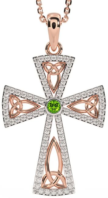 Diamond Peridot Rose Gold Celtic Cross Trinity Knot Necklace