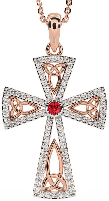 Diamond Ruby Rose Gold Celtic Cross Trinity Knot Necklace