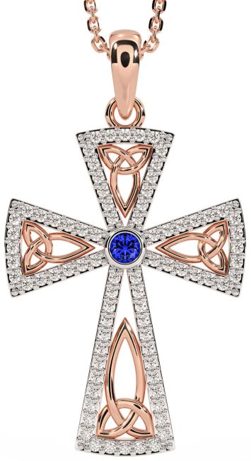 Diamond Sapphire Rose Gold Celtic Cross Trinity Knot Necklace