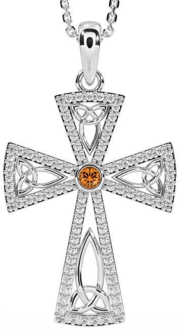 Diamond Citrine Silver Celtic Cross Trinity Knot Necklace