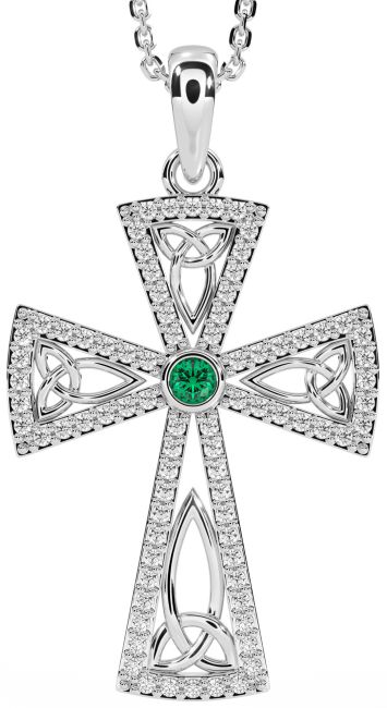 Diamond Emerald Silver Celtic Cross Trinity Knot Necklace