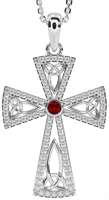 Diamond Garnet Silver Celtic Cross Trinity Knot Necklace