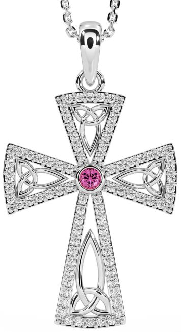 Diamond Pink Tourmaline Silver Celtic Cross Trinity Knot Necklace