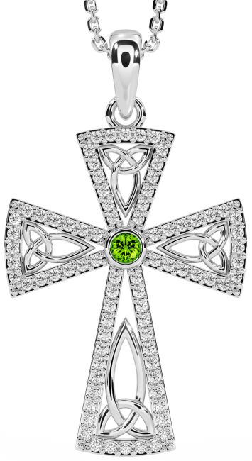 Diamond Peridot Silver Celtic Cross Trinity Knot Necklace