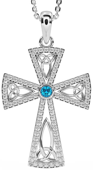 Diamond Topaz Silver Celtic Cross Trinity Knot Necklace