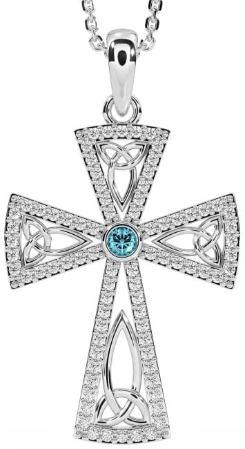 Diamond Aquamarine White Gold Celtic Cross Trinity Knot Necklace