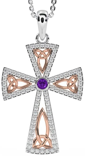 Diamond Amethyst White Rose Gold Celtic Cross Trinity Knot Necklace