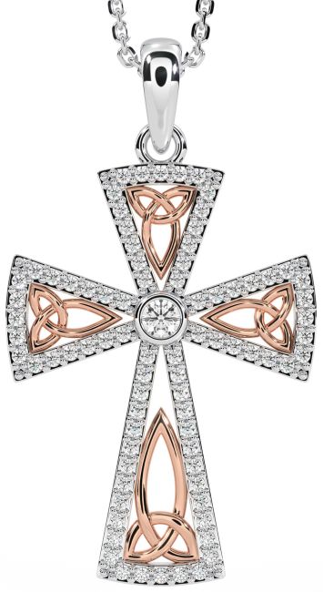 Diamond White Rose Gold Celtic Cross Trinity Knot Necklace