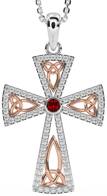 Diamond Garnet White Rose Gold Celtic Cross Trinity Knot Necklace