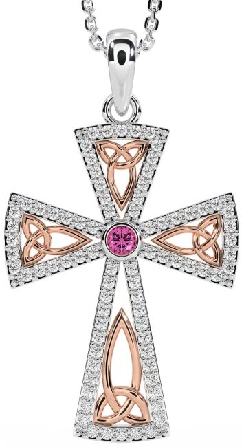 Diamond Pink Tourmaline White Rose Gold Celtic Cross Trinity Knot Necklace