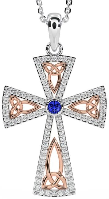 Diamond Sapphire White Rose Gold Celtic Cross Trinity Knot Necklace