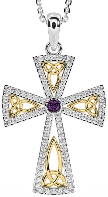 Diamond Alexandrite White Yellow Gold Celtic Cross Trinity Knot Necklace