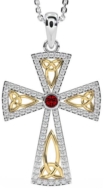 Diamond Garnet White Yellow Gold Celtic Cross Trinity Knot Necklace