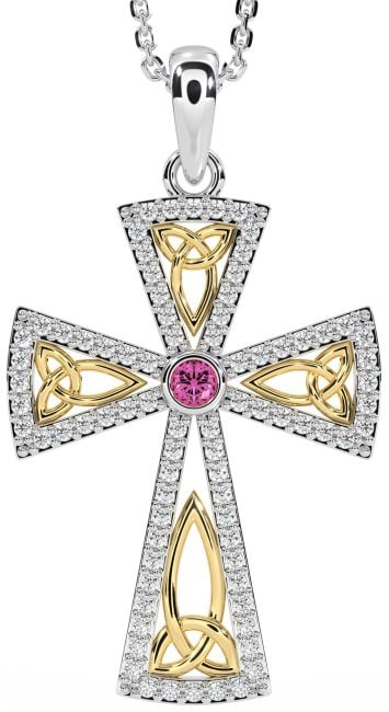 Diamond Pink Tourmaline White Yellow Gold Celtic Cross Trinity Knot Necklace