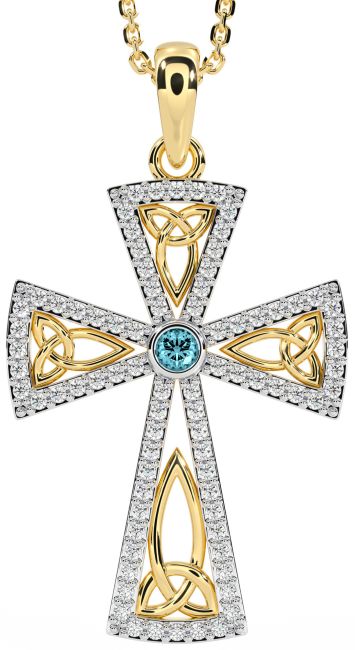 Diamond Aquamarine Gold Celtic Cross Trinity Knot Necklace