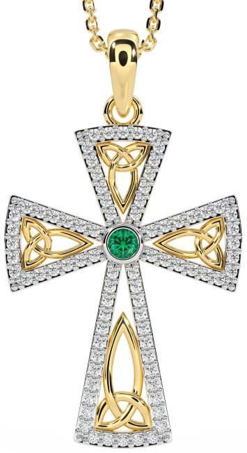 Diamond Emerald Gold Celtic Cross Trinity Knot Necklace